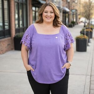 dC Jeans Plus Size Lavender Cotton Blend Lace Sleeve Square Neck Top